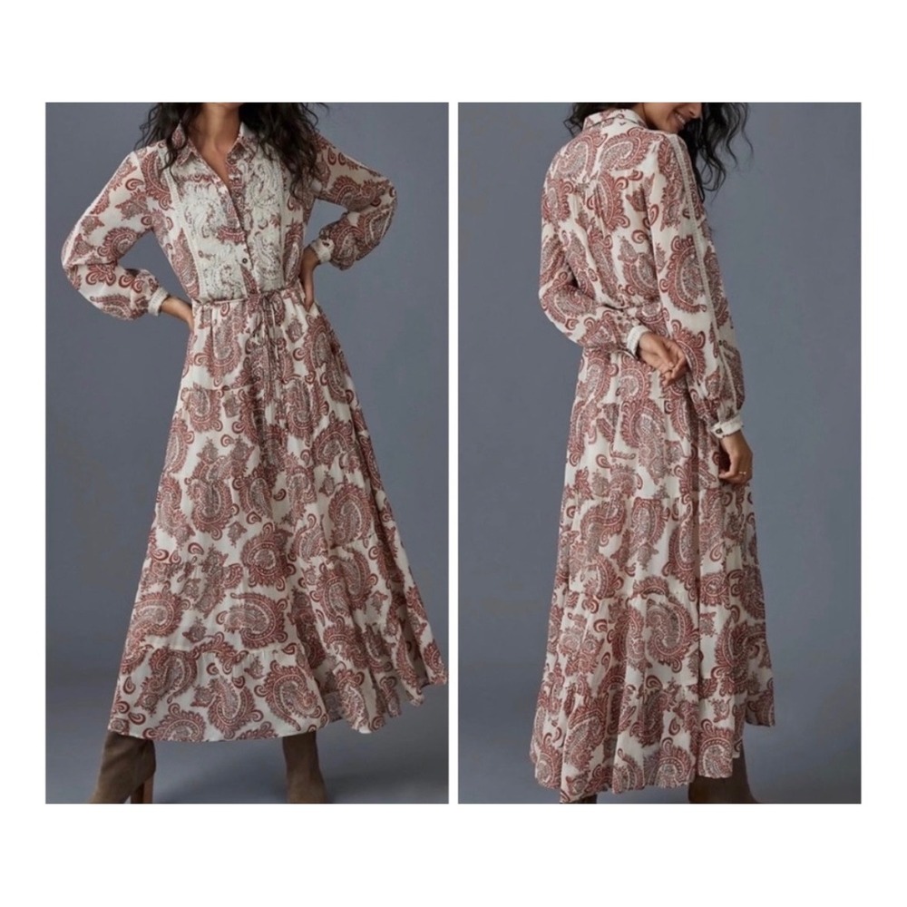 Anthropologie‎ Allaire Boho Paisley Maxi Dress Red Cream Size XS Lace Embroidery